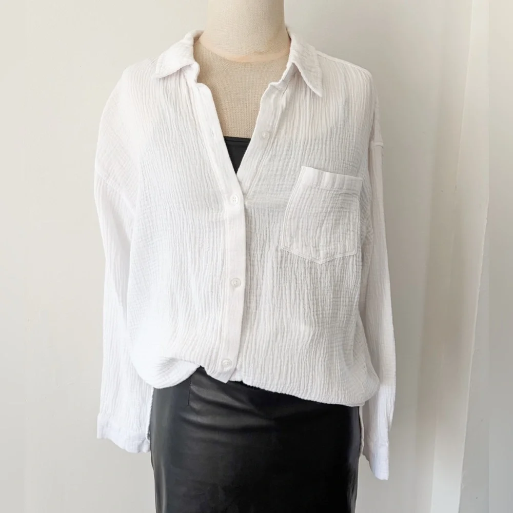 Rachel Roy White Textured Gauze Cotton Button Down - Large - Picture 7 of 10